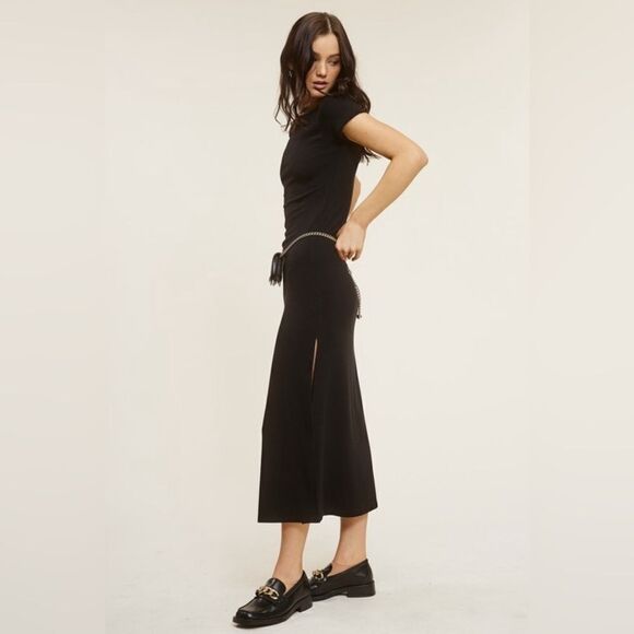948. BASIC STRETCH JERSEY KIT MIDI SLIT DRESS- BLACK - Picture 2 of 4